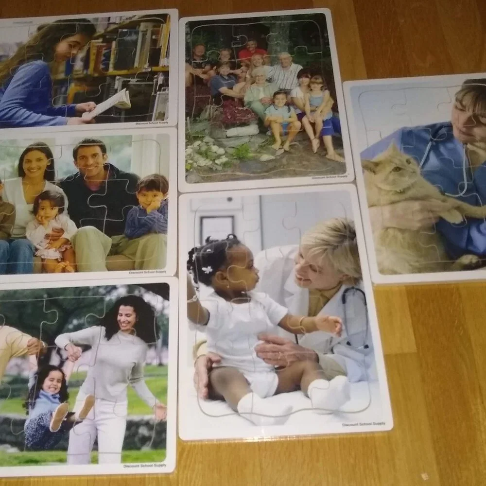 Wooden Multicultural puzzles: Veterinarian , Library, Grand-Parents, Family x 6
